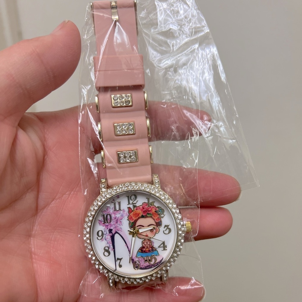 Women Frida Kahlo Watch Pink Plastic Band Center Flowers Has Rhinestone New